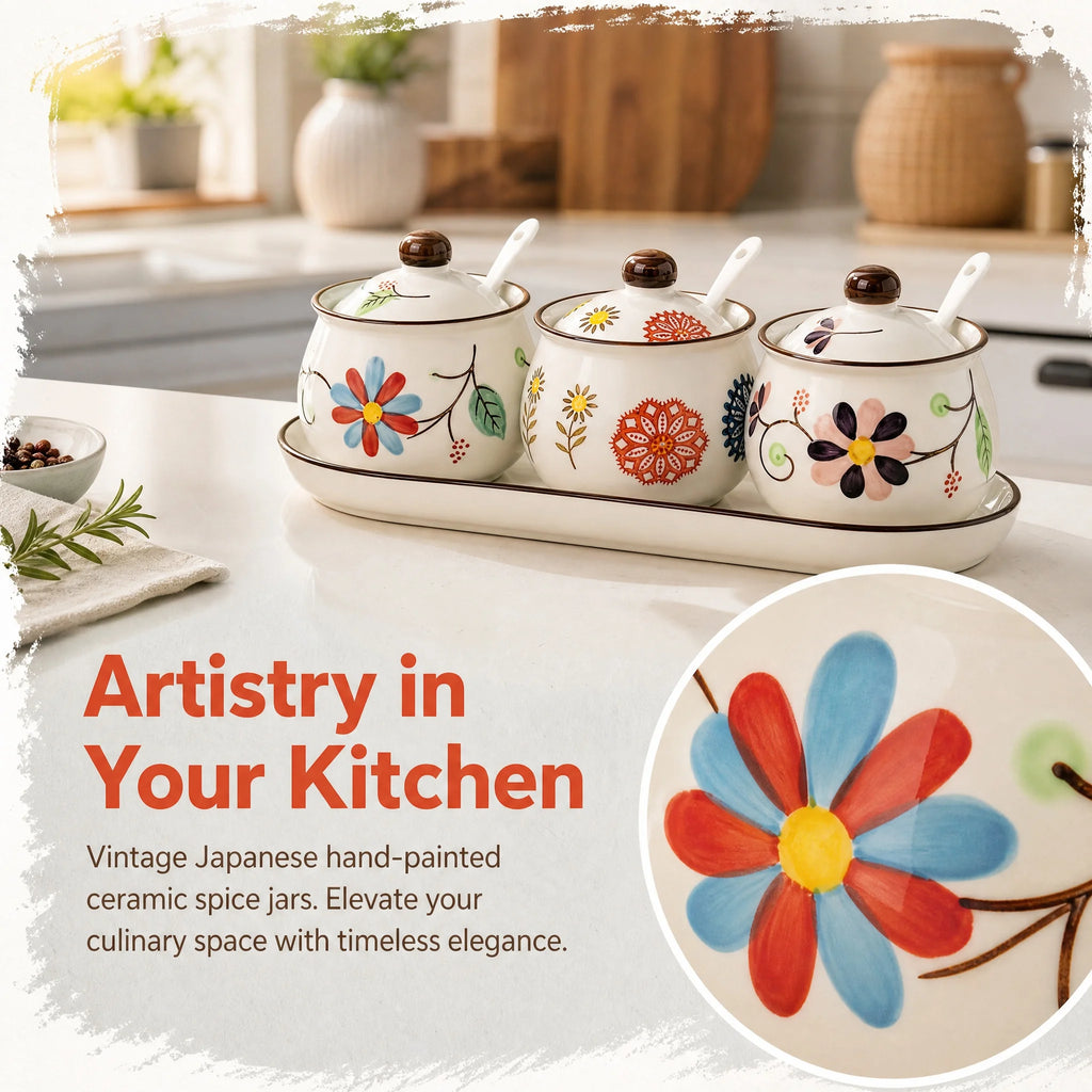 3-Piece Ceramic Spice Jar Set with Tray, Hand-Painted Japanese Vintage Seasoning Jars, Large Capacity 330ml Kitchen Storage Containers with Spoons, Non-Slip Base - Lovies Kitchenwares
