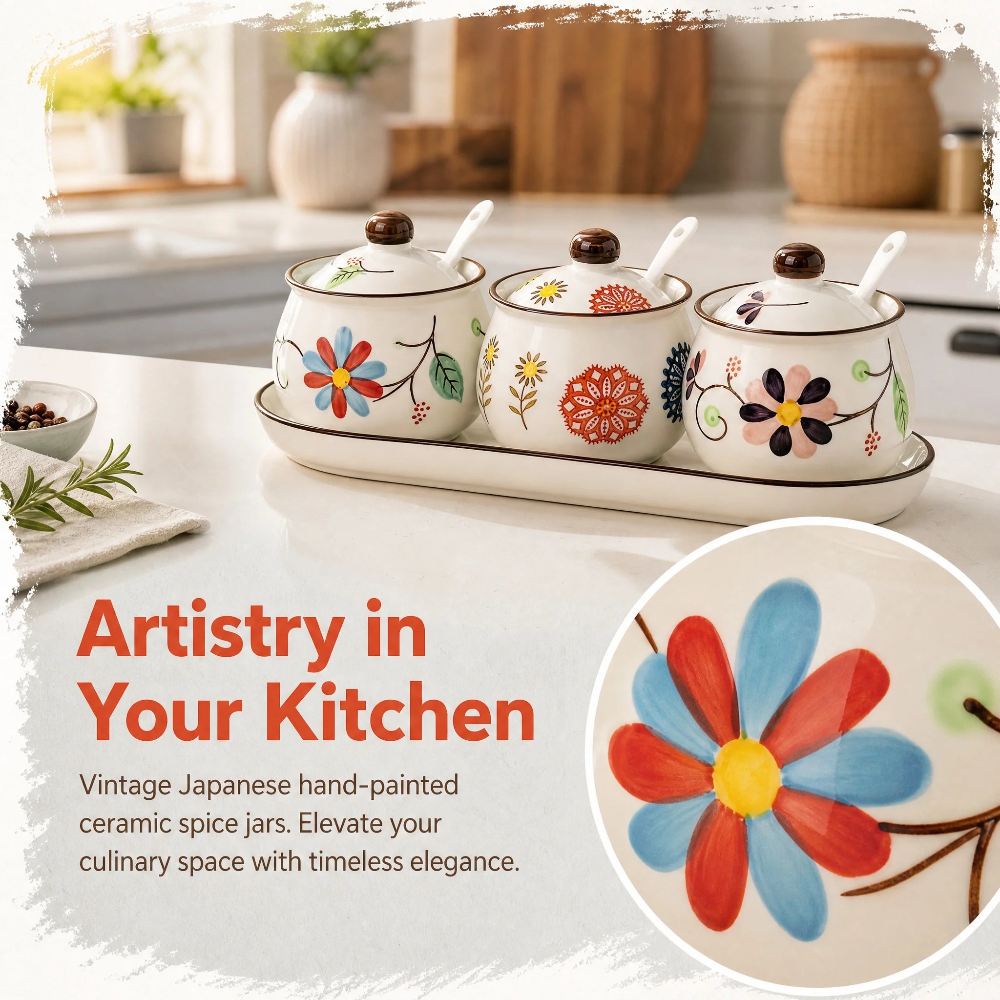 3-Piece Ceramic Spice Jar Set with Tray, Hand-Painted Japanese Vintage Seasoning Jars, Large Capacity 330ml Kitchen Storage Containers with Spoons, Non-Slip Base - Lovies Kitchenwares