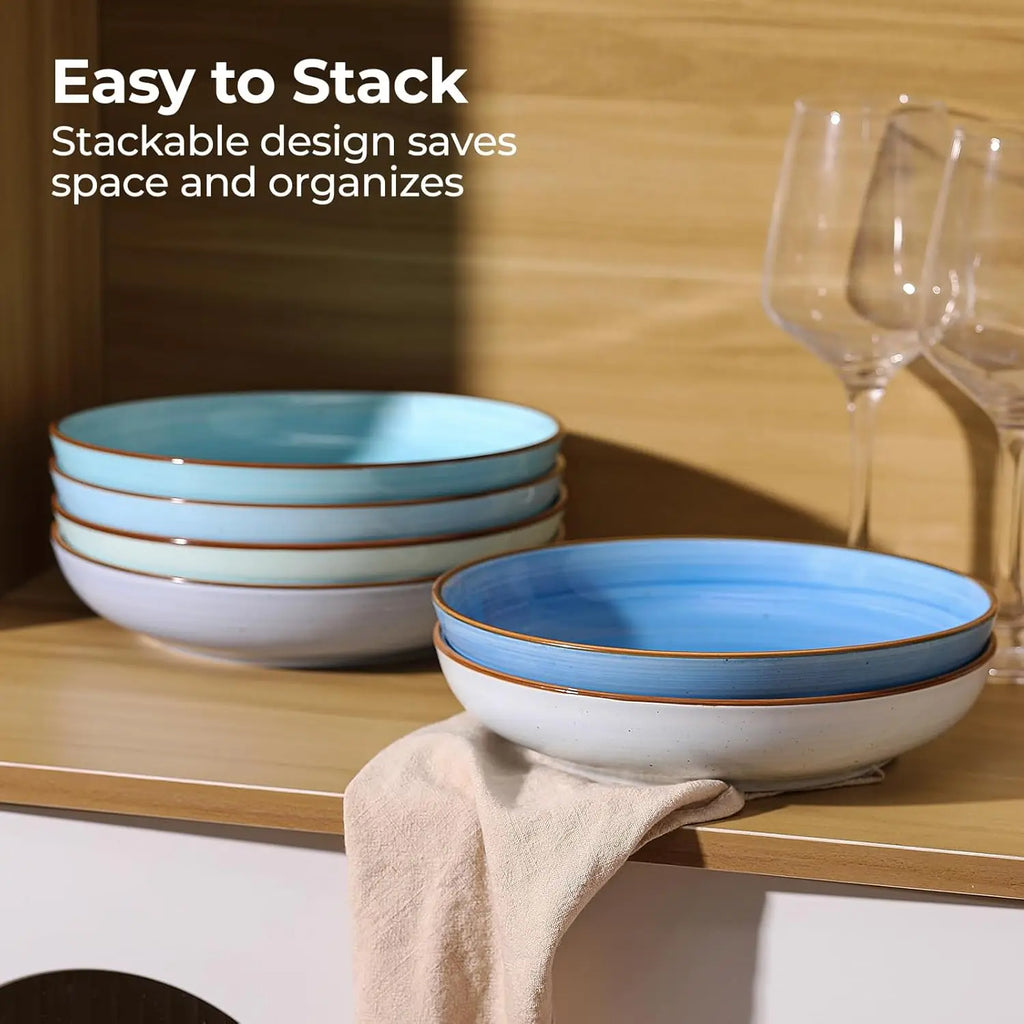 8.5'' Ceramic Multi-use Bowls Set of 6, 30 oz Shallow Salad & Soup Bowls, Microwave & Dishwasher Safe