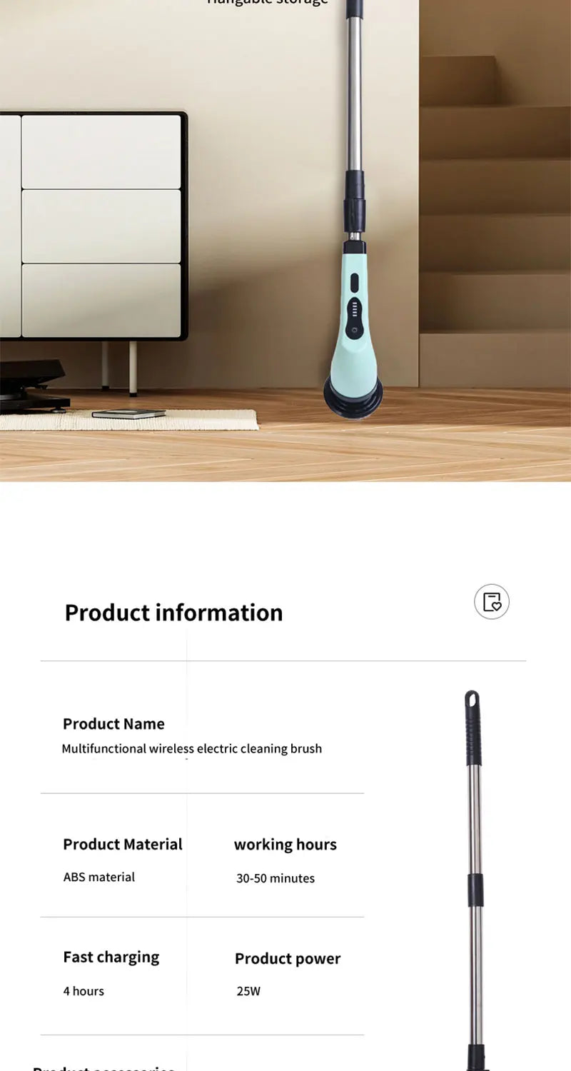 9-in-1 Electric Rotating Cleaning Brush, Wireless Multi-Purpose Scrubber with Replaceable Heads and Adjustable Telescopic Handle