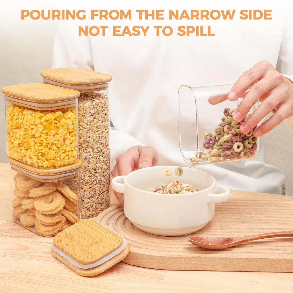 Rectangle Clear Storage Jars with Bamboo Lids Multi-Food Pantry Organizer Containers - Lovies Kitchenwares
