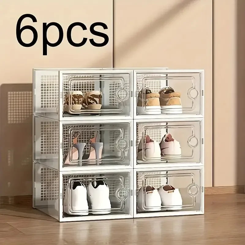6 or 12 Transparent Stackable, Foldable, Organizing Shoe Storage Boxes With Lids