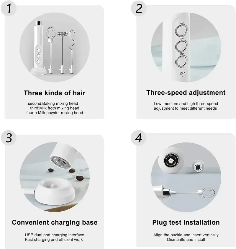 Electric Milk Frother - 3 Speeds, Handheld Foam Maker for Latte, Cappuccino, Hot Chocolate - USB Rechargeable