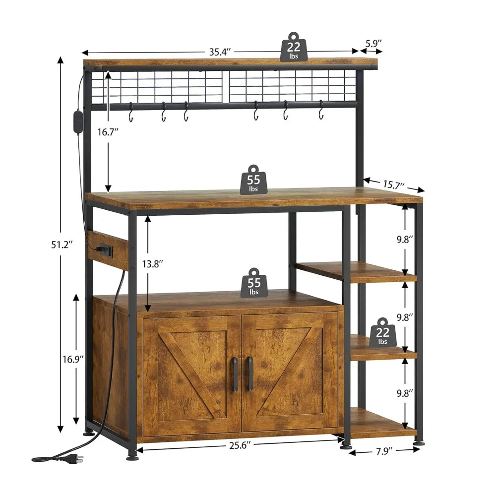 Bakers Rack with Power Outlet and LED Light, Microwave Stand with Storage Cabinet, Coffee Bar Cabinet Station, Customized