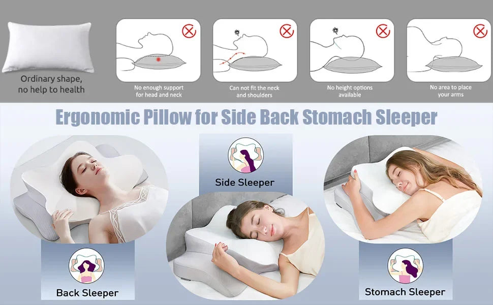 Upgraded Memory Foam Sleep Apnea Cervical Pillow for Side Back & Stomach Sleepers Gray