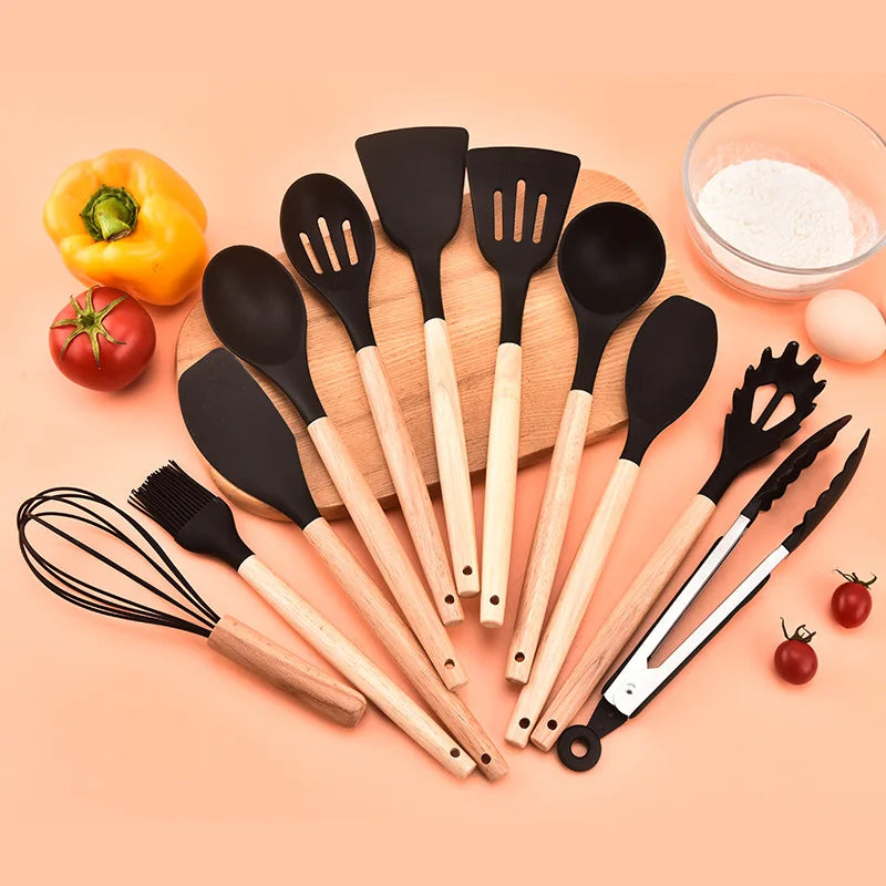 12PCS Silicon Non-Stick Cookware Kitchenware Utensil Set with Wooden Handles