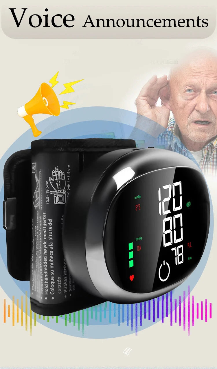 Digital Wrist Blood Pressure Meter Automatic Voice Tonometer Heart Rate Monitor Smart Touch LCD Screen Charge Sphygmomanometer