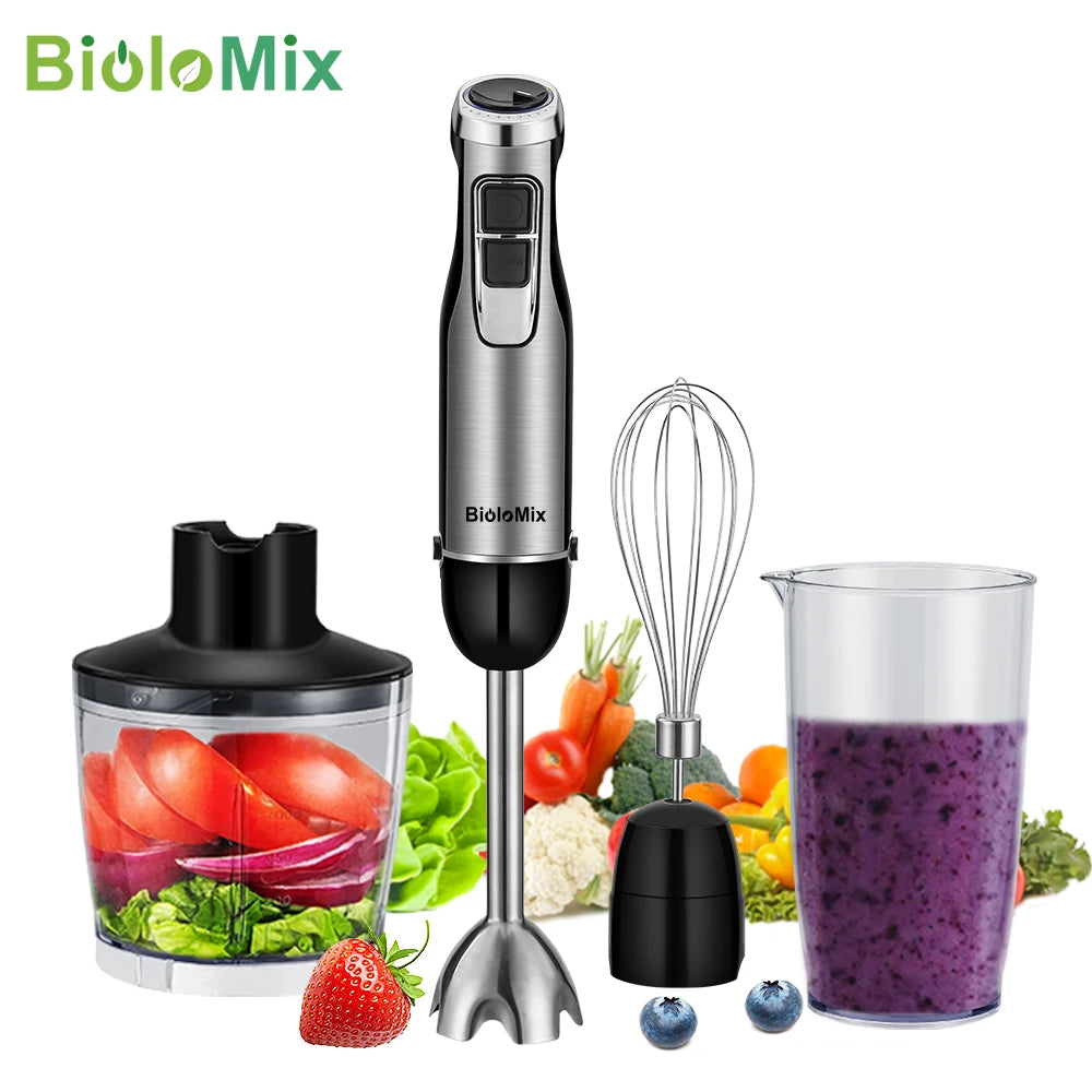 BioloMix 4 in 1 High Power Hand Immersion Stick With Chopper & Smoothie Cup & Stainless Steel Ice Blades