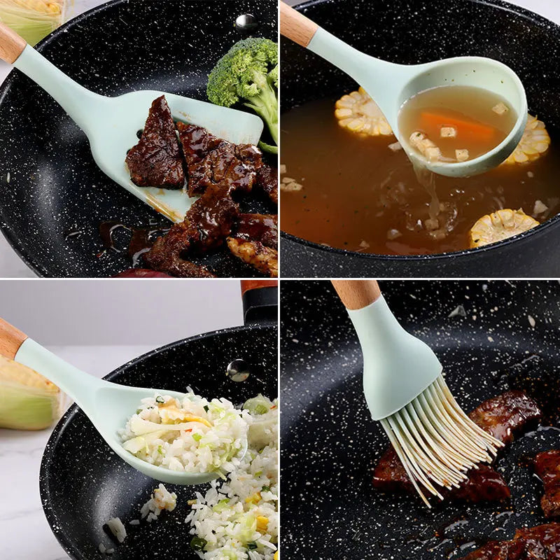 12PCS Silicon Non-Stick Cookware Kitchenware Utensil Set with Wooden Handles