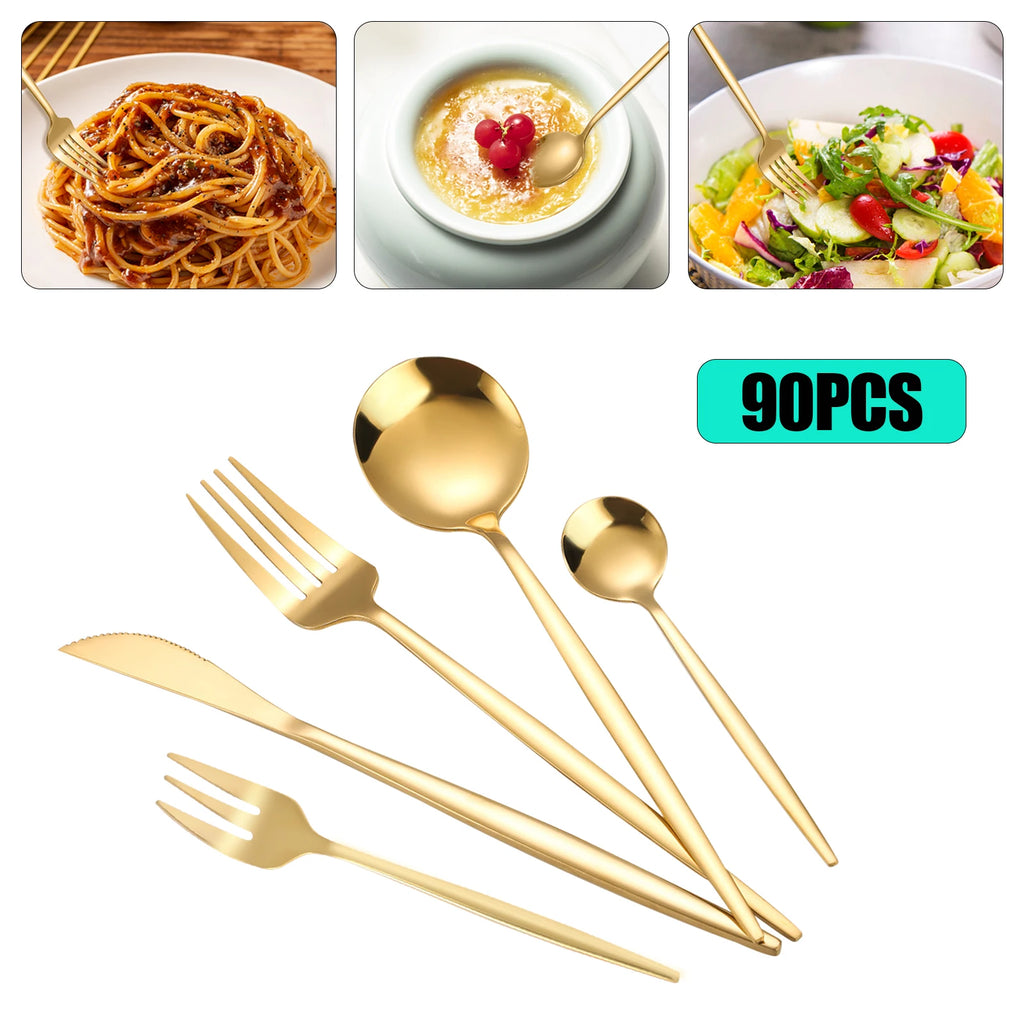 90Pcs Gold Stainless Steel Silverware Set - Heavy Duty Cutlery