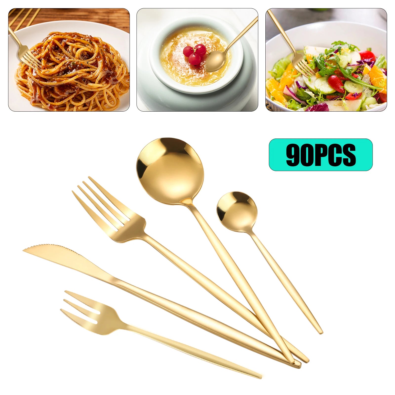 90Pcs Gold Stainless Steel Silverware Set - Heavy Duty Cutlery