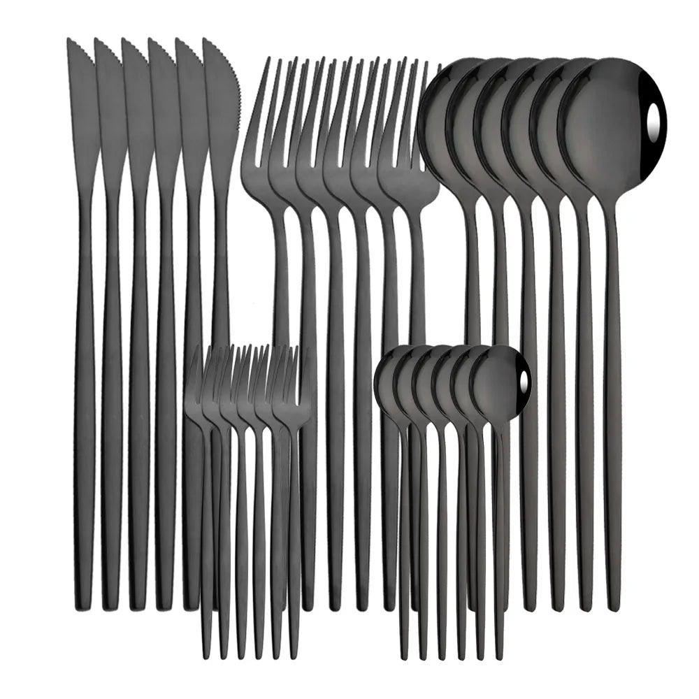 30Pcs Stainless Steel Dinner Black Gold Tableware Set