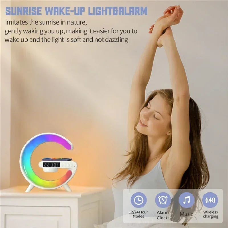 Multifunction Mini Wireless Charger Stand & Docking Station  Red, Green, & Blue Light Alarm Clock Speaker