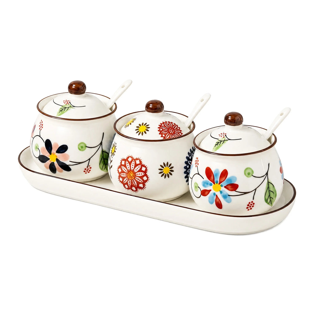 3-Piece Ceramic Spice Jar Set with Tray, Hand-Painted Japanese Vintage Seasoning Jars, Large Capacity 330ml Kitchen Storage Containers with Spoons, Non-Slip Base - Lovies Kitchenwares