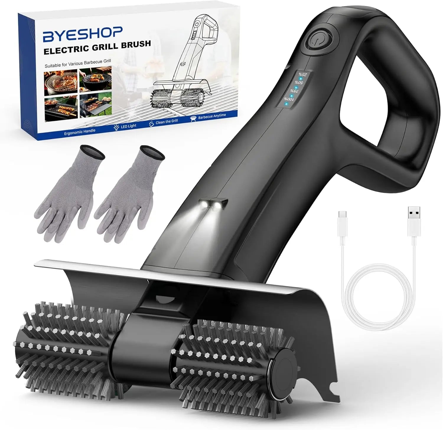 2026 Electric Grill Brush with 2 Brush Heads, 800RPM 25kgf High Torque BBQ Cleaner, 3500mAh Battery, 180 Mins Long Runtime, Extended Handle, Works as Grill Scraper for Tough Grease - Lovies Kitchenwares