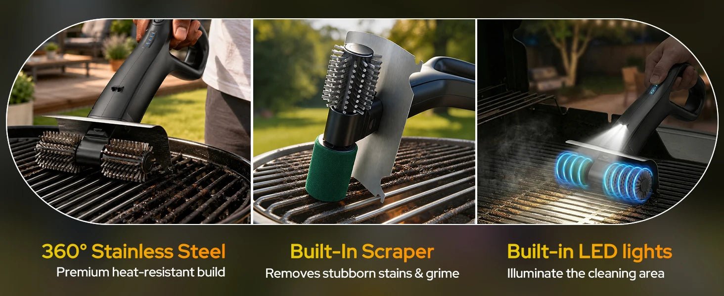 2026 Electric Grill Brush with 2 Brush Heads, 800RPM 25kgf High Torque BBQ Cleaner, 3500mAh Battery, 180 Mins Long Runtime, Extended Handle, Works as Grill Scraper for Tough Grease - Lovies Kitchenwares