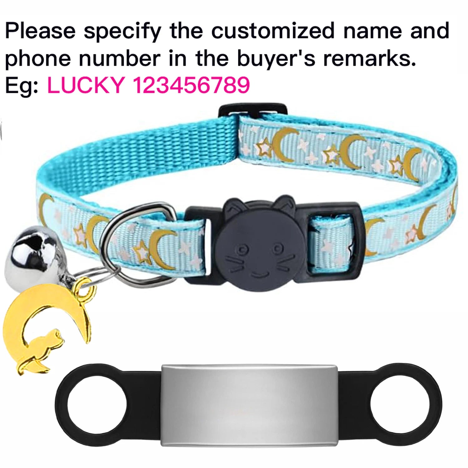 Customized Cute Glow Bell & Moon Ornament Cat Collar With Free Engraved Anti-lost Pet ID