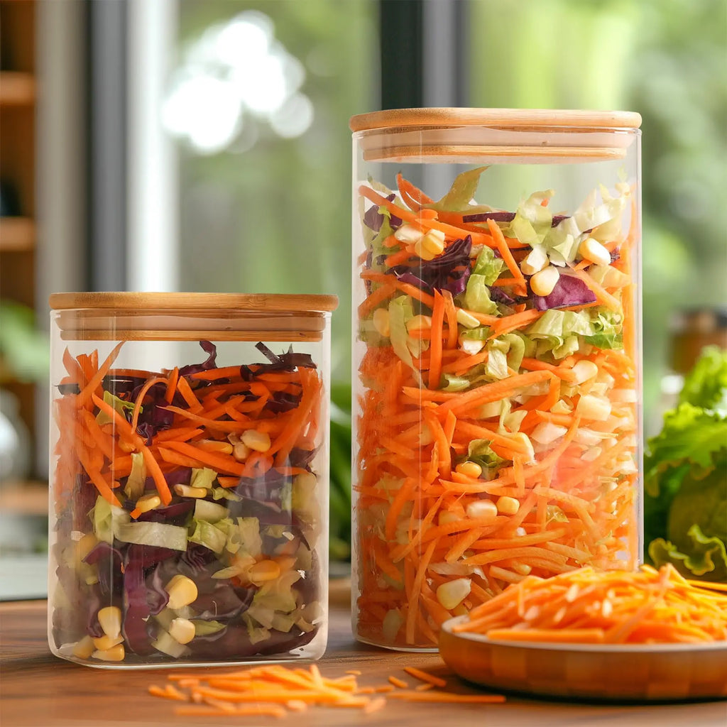 Rectangle Clear Storage Jars with Bamboo Lids Multi-Food Pantry Organizer Containers - Lovies Kitchenwares
