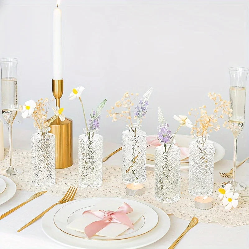 Small Diamond Bud Mini Flower Centerpiece Decorative Glass Vase Set Of 12