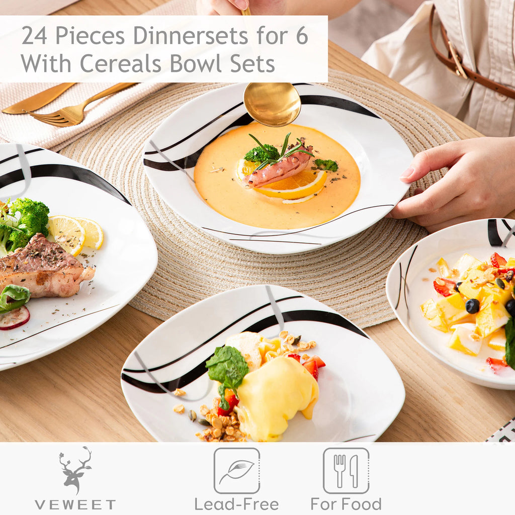18/36-Piece Porcelain Ceramic Black Line Kitchen Tableware Dish Set with Dinner, Dessert, and Soup Bowl