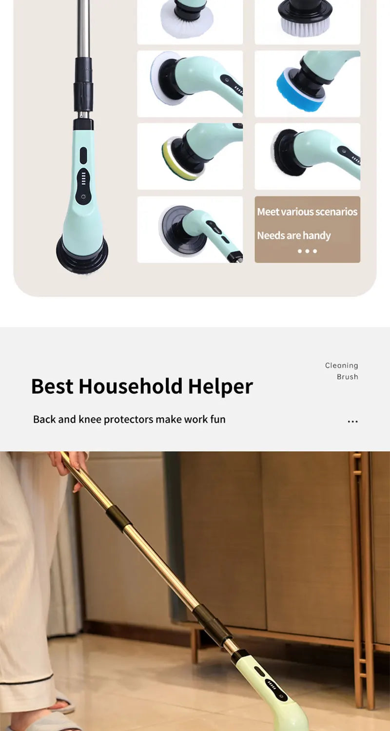 9-in-1 Electric Rotating Cleaning Brush, Wireless Multi-Purpose Scrubber with Replaceable Heads and Adjustable Telescopic Handle