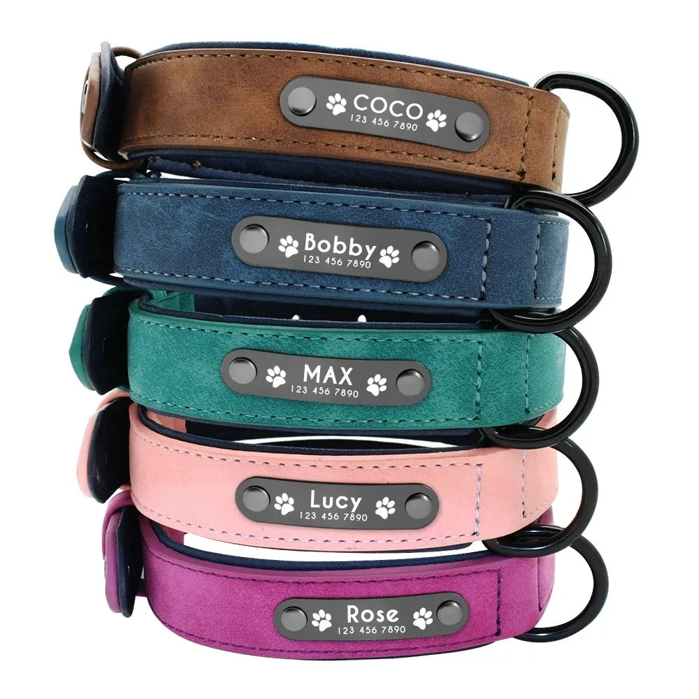 Personalized Name ID Tags Leather Dog Collars Custom Text Name
