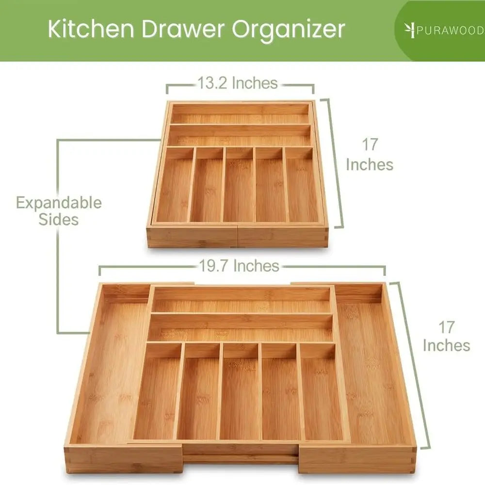 Bamboo Drawer Organizer - Expandable Silverware Organizer & Utensil Drawer Organizer, Cutlery Tray with Dividers, 7-9 Slots- Kit