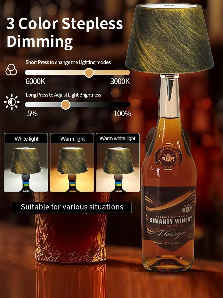 Wireless Bottle Table Touch Control Lamp With 3 Colors & Dimming Night Lamp