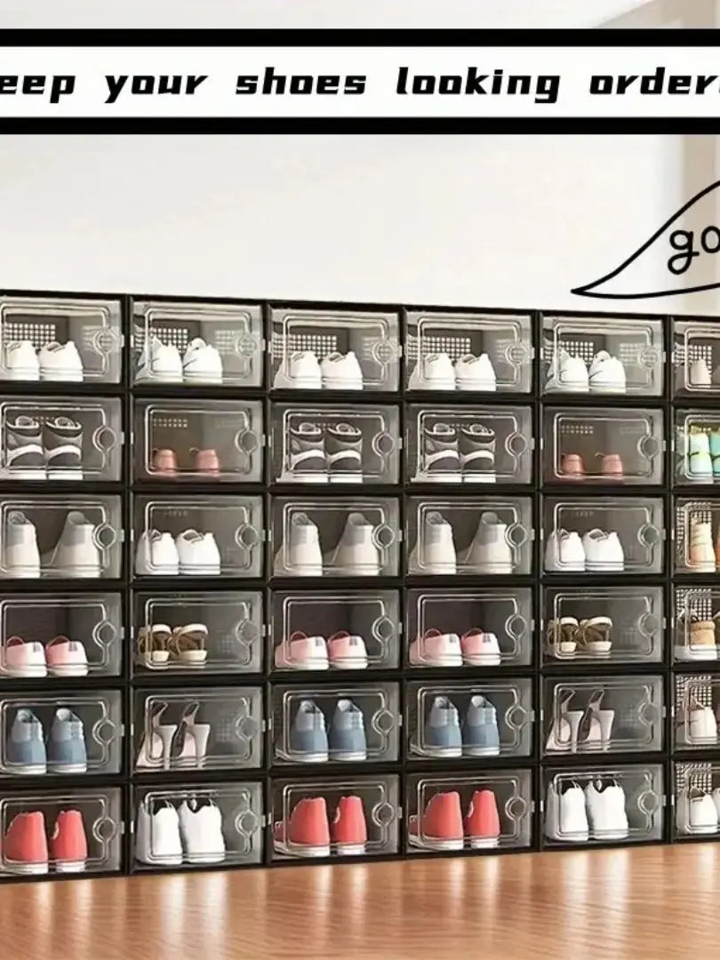 6 or 12 Transparent Stackable, Foldable, Organizing Shoe Storage Boxes With Lids