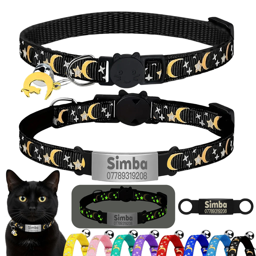 Customized Cute Glow Bell & Moon Ornament Cat Collar With Free Engraved Anti-lost Pet ID