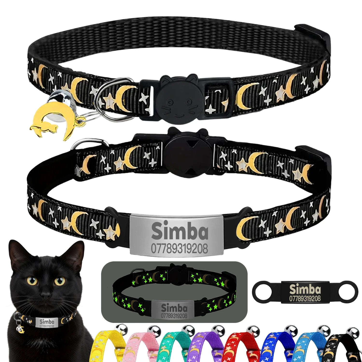 Customized Cute Glow Bell & Moon Ornament Cat Collar With Free Engraved Anti-lost Pet ID