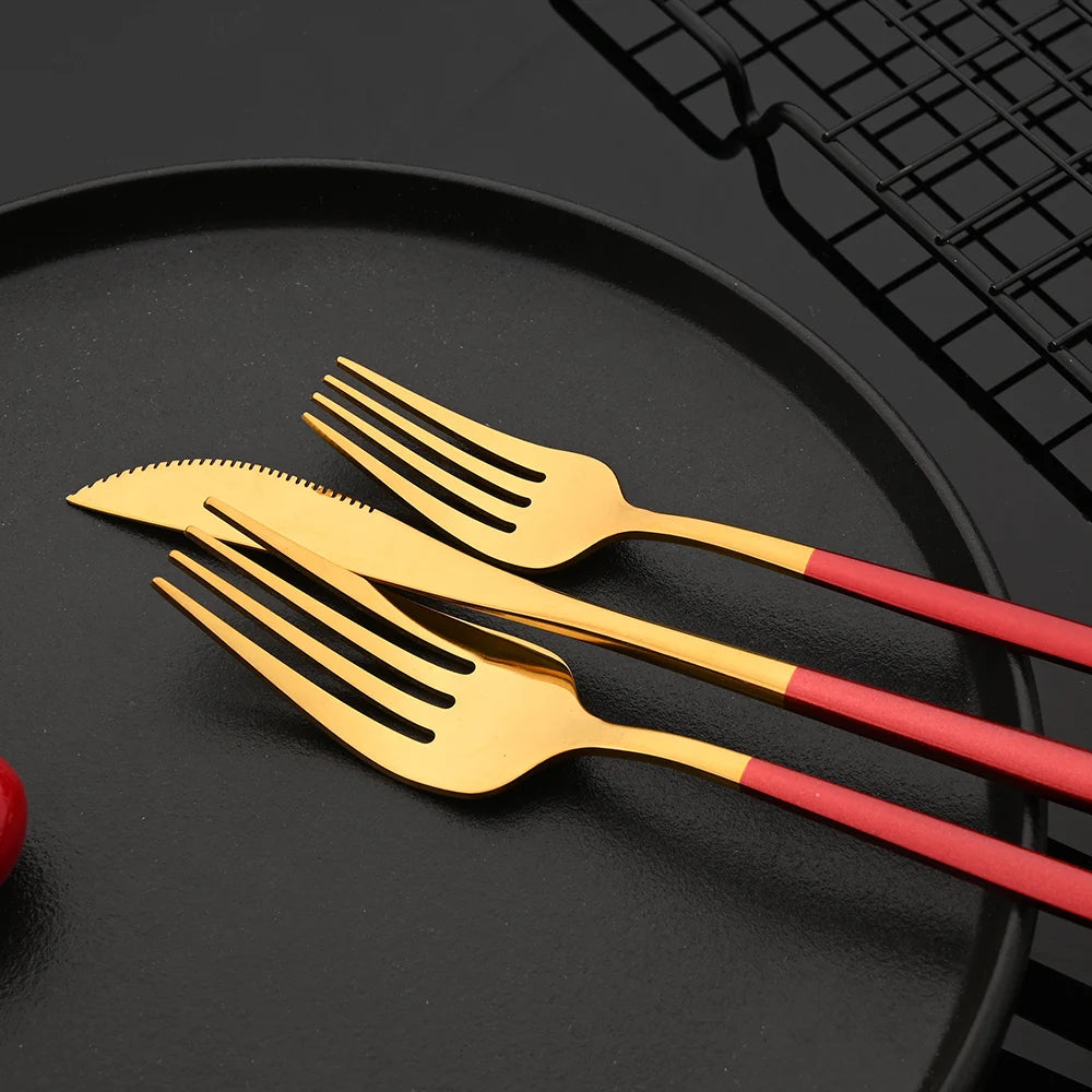 30Pcs Stainless Steel Dinner Black Gold Tableware Set
