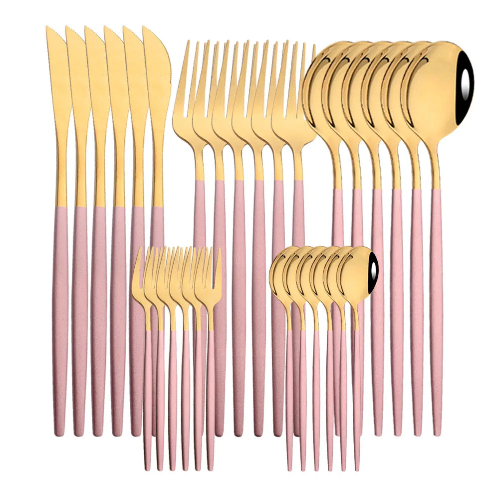 30Pcs Stainless Steel Dinner Black Gold Tableware Set