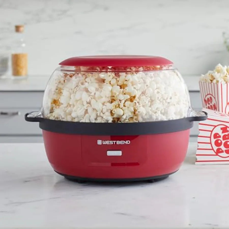 Hot Oil Popcorn Popper Maker Machine with Large Serving Bowl with Lid and Stirring Rod 6-Qt. Red