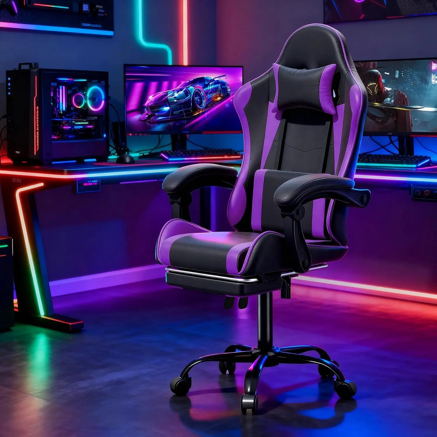 Ergonomic Design Computer Chair with Linkage Armrests, Height Adjustable Gamer Chair with Footrest and Headrest
