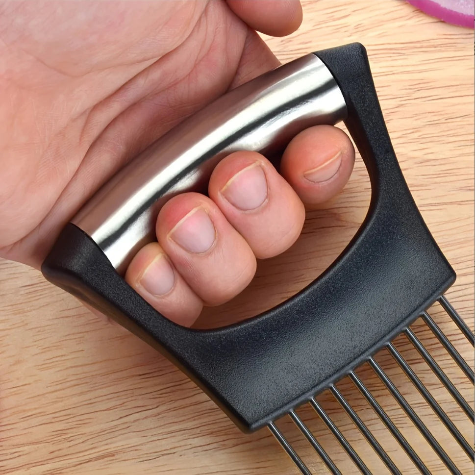 1pc Stainless Steel Multi-Purpose Onion Slicer Holder & Meat Tenderizers With Full Grip Handle