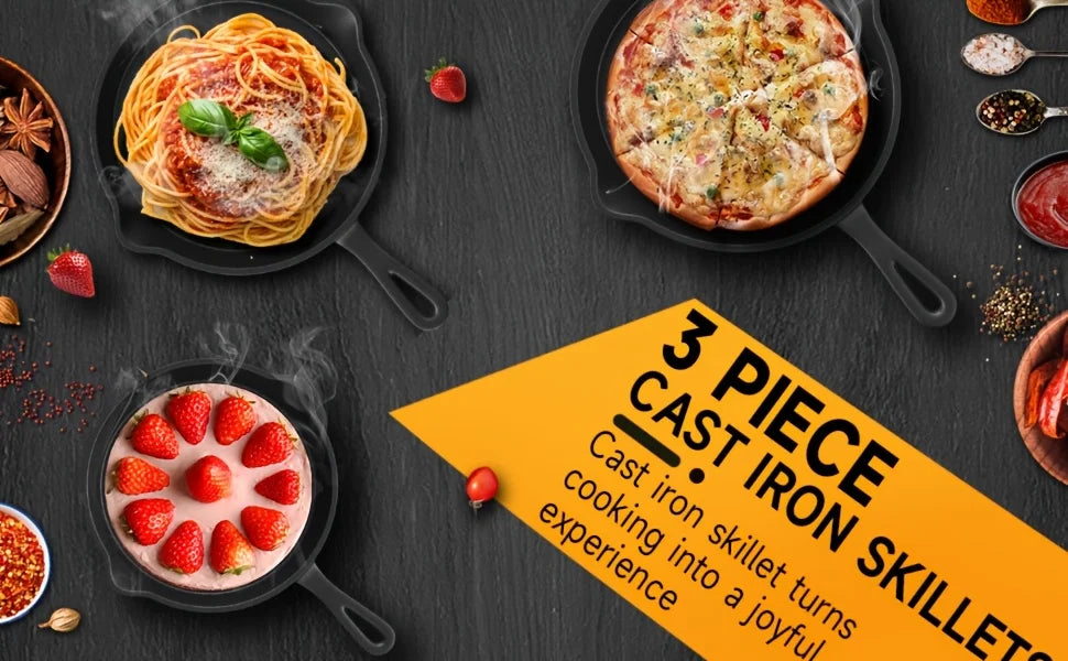 3PCS Cast Iron Skillet Set (6/8/10 Inch)  Pre-Seasoned, Non-Stick Heavy-Duty Pans