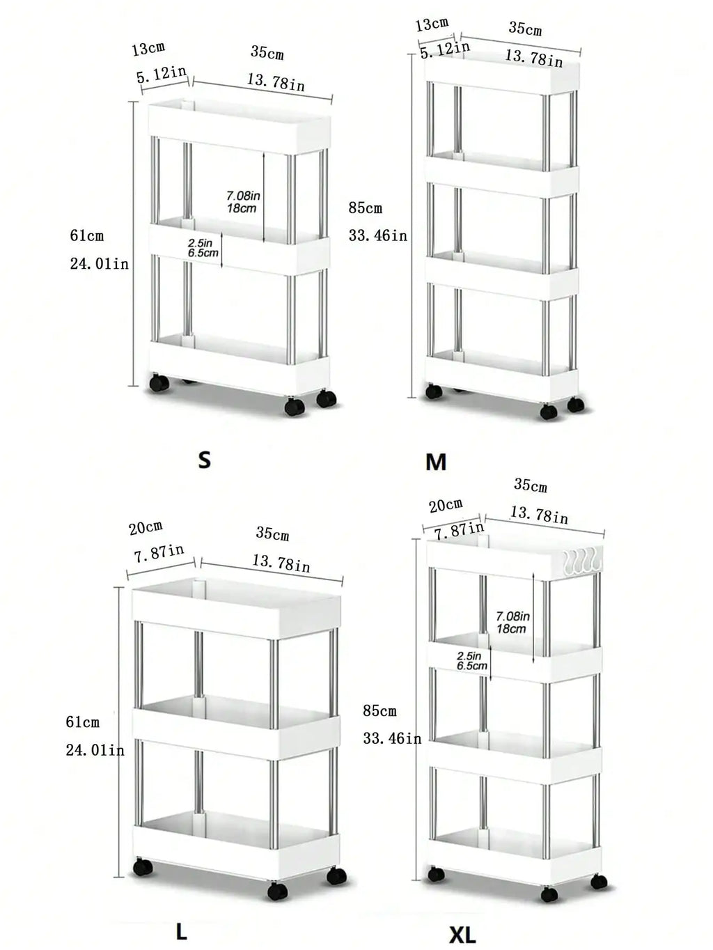 1pcs 3/4 Tier Rolling Multi-Purpose Utility Cart Storage Shelf & Movable