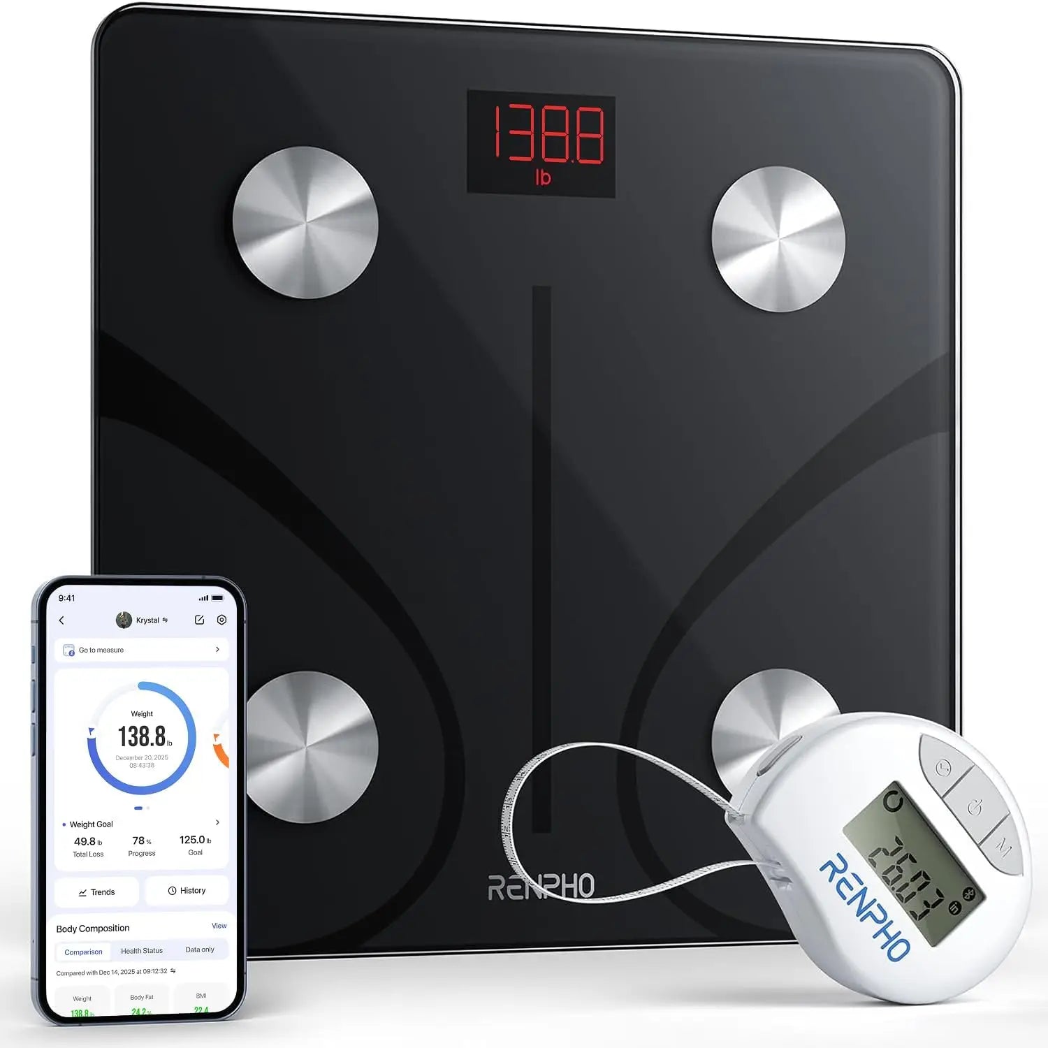 Smart Digital Scale with Bluetooth Tape Measure for Body Tracking Weight Loss & Muscle Gain, Up to 400lbs