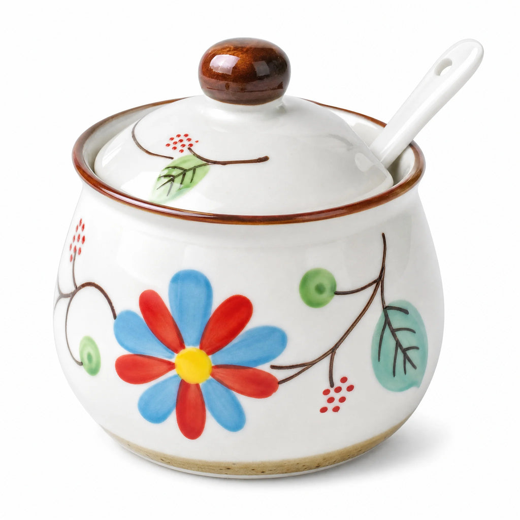 3-Piece Ceramic Spice Jar Set with Tray, Hand-Painted Japanese Vintage Seasoning Jars, Large Capacity 330ml Kitchen Storage Containers with Spoons, Non-Slip Base - Lovies Kitchenwares