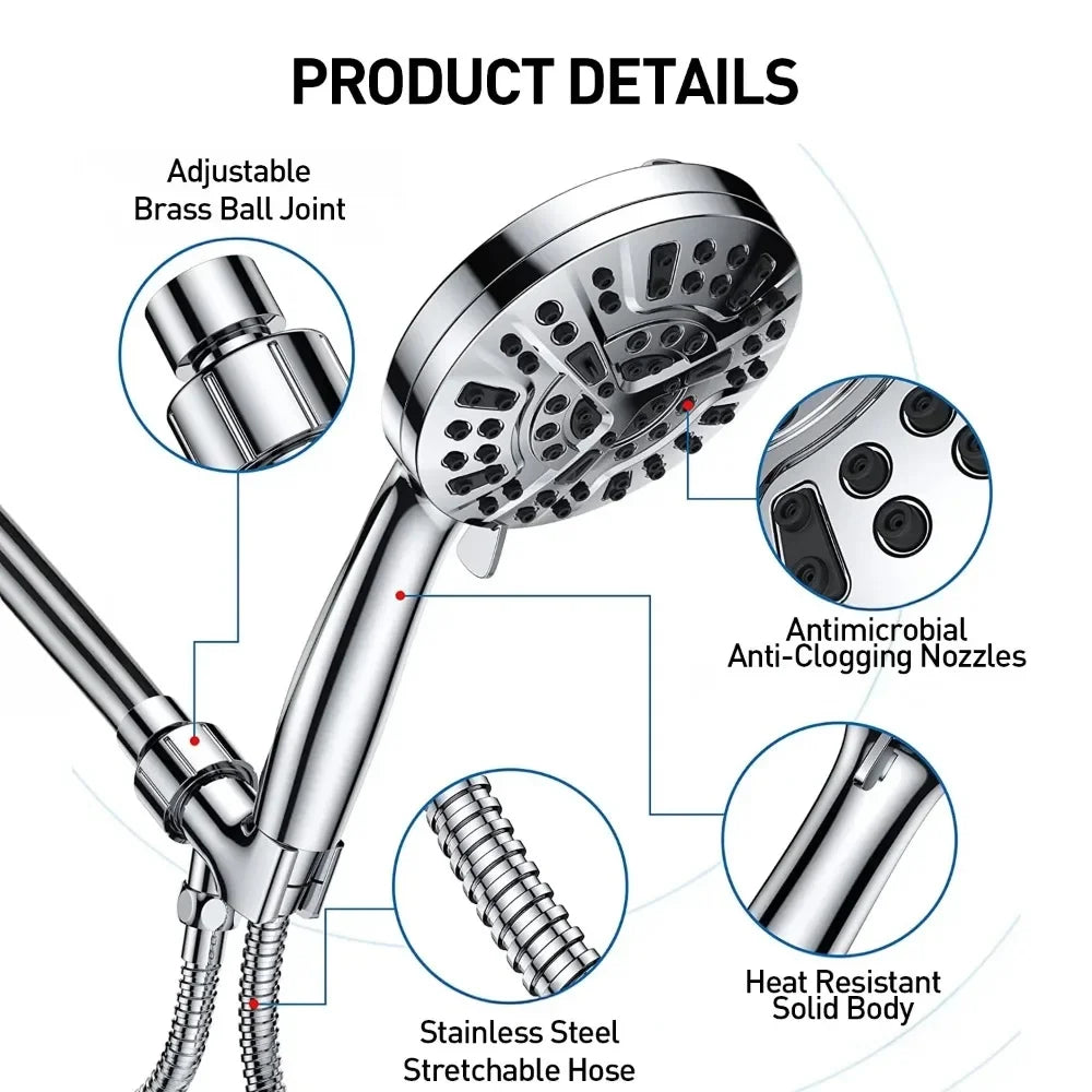Handheld Shower Head with High Pressure 10 Modes with 59" Stainless Steel Hose and Adjustable Holder