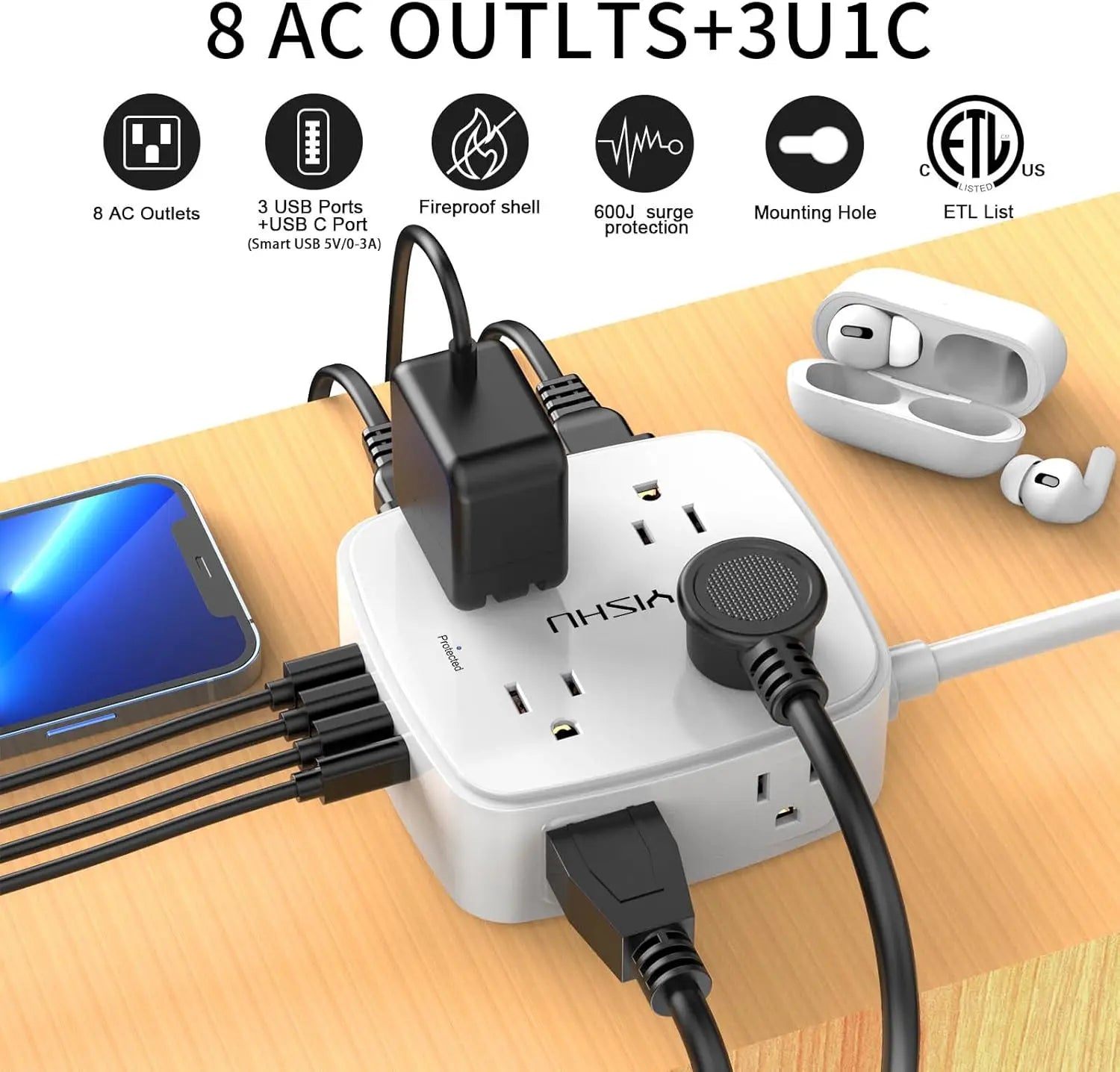 8 Outlet Surge Protector with 4 USB Ports, 6ft Cord, Flat Plug, Wall Mount, 3-Side Design, ETL