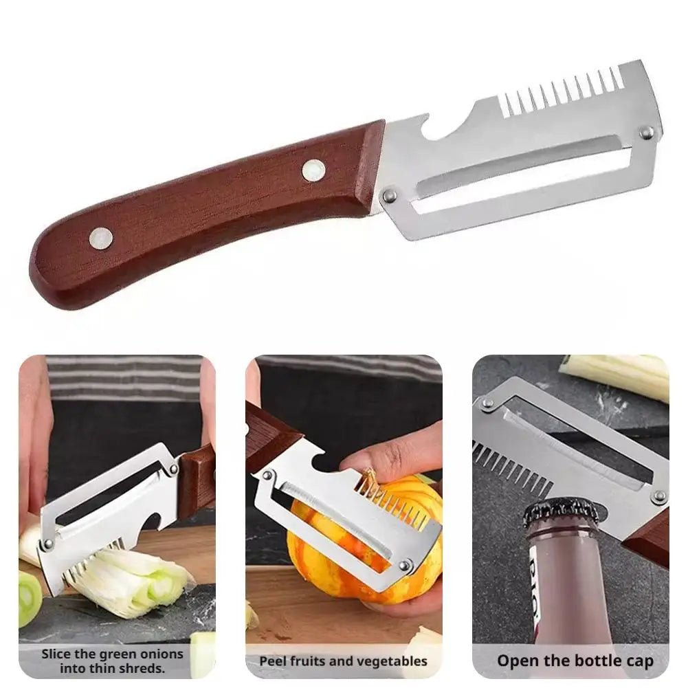 3-in-1 Stainless Steel Vegetable Peeler Knife With Wooden Handle And Bottle Opener Kitchen Tool - Lovies Kitchenwares