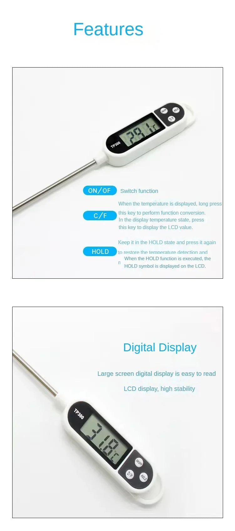 Digital Kitchen Thermometer Instant Temperature Probe Food LCD Display
