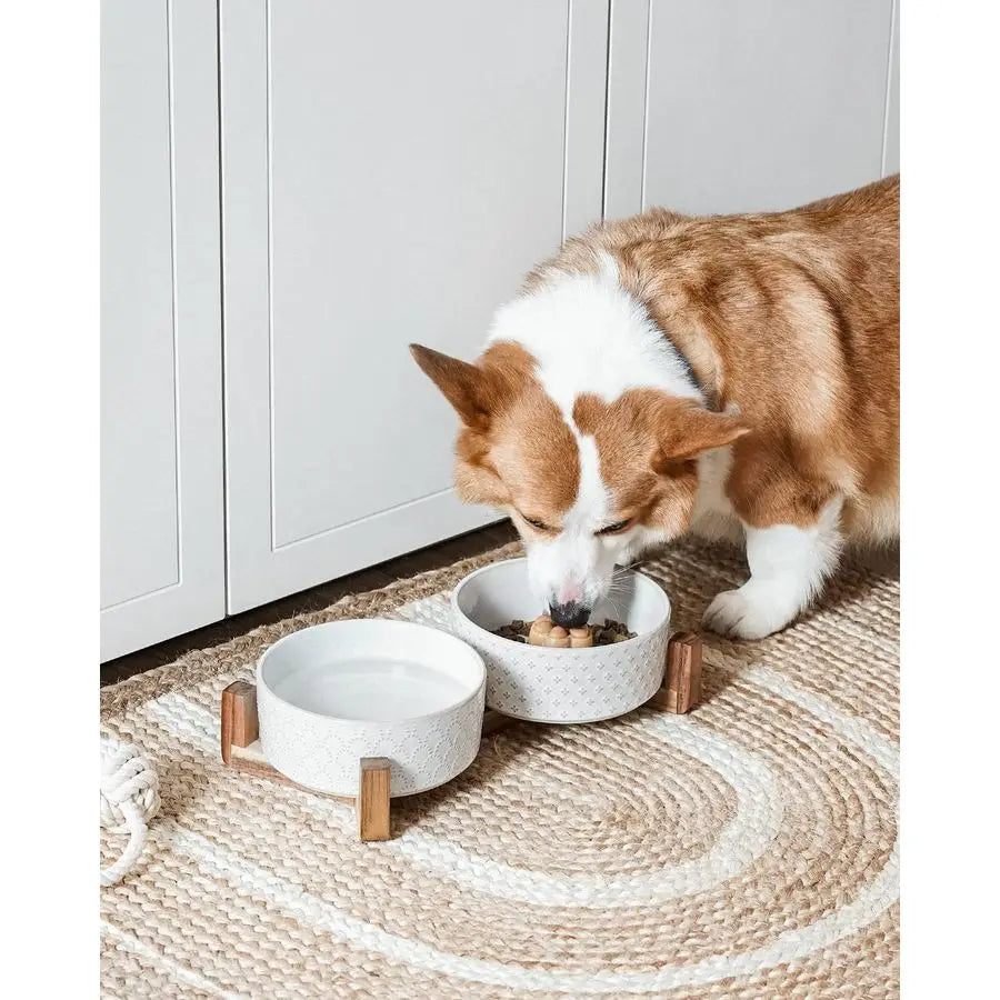 Nonslip Anti-Tip Pet Ceramic Dual Food & Water Bowls with Elevated Wood Stand