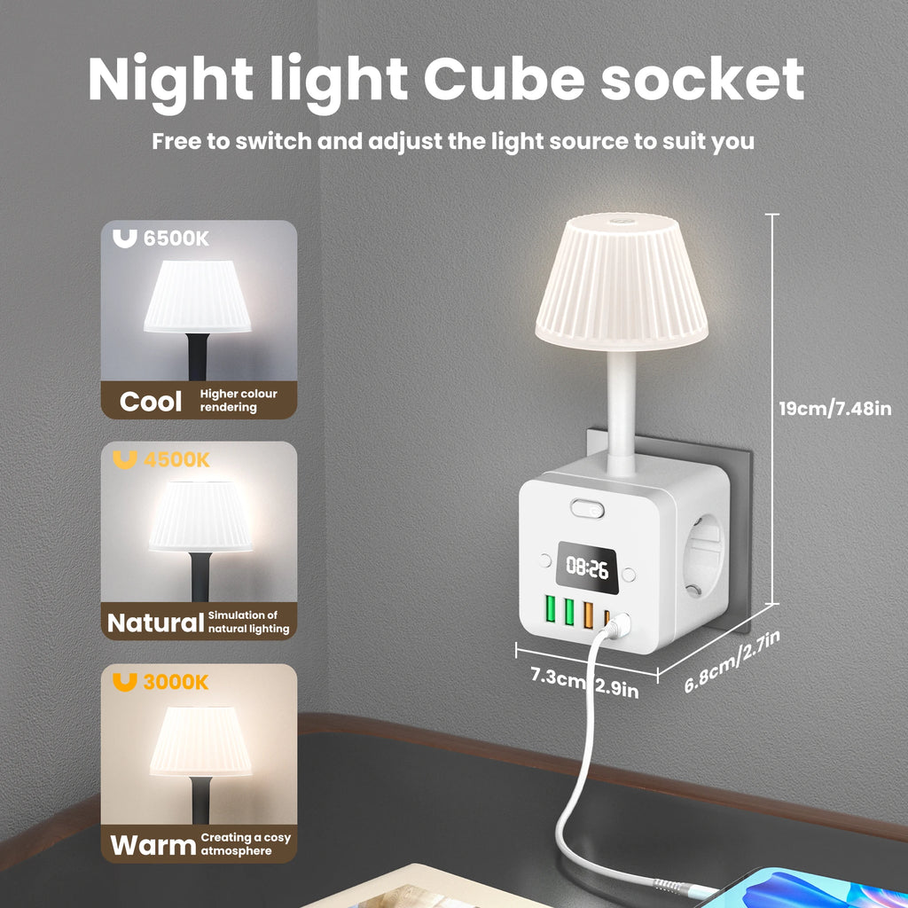 3-Outlet Clock Power Strip With Adjustable Night Light Socket and Surge Protection