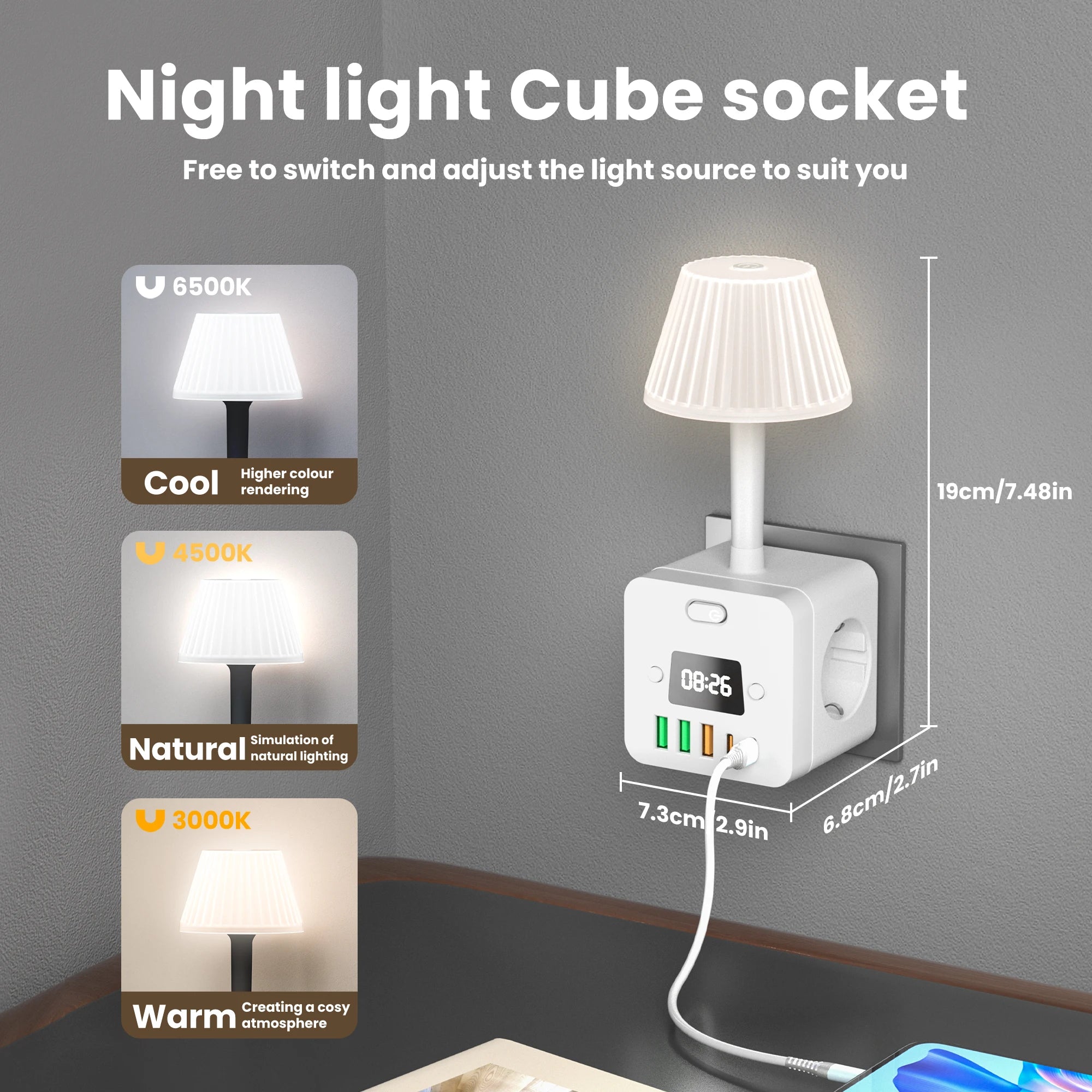 3-Outlet Clock Power Strip With Adjustable Night Light Socket and Surge Protection