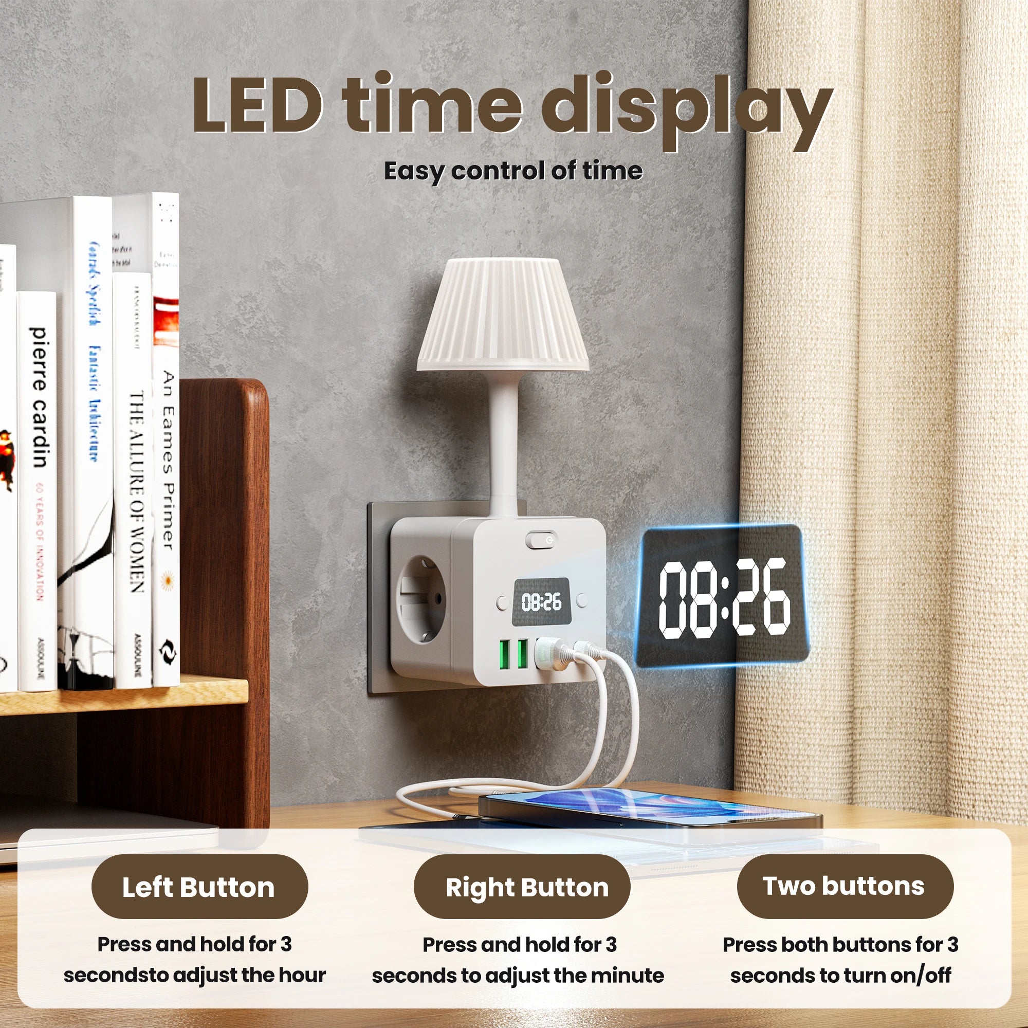 3-Outlet Clock Power Strip With Adjustable Night Light Socket and Surge Protection