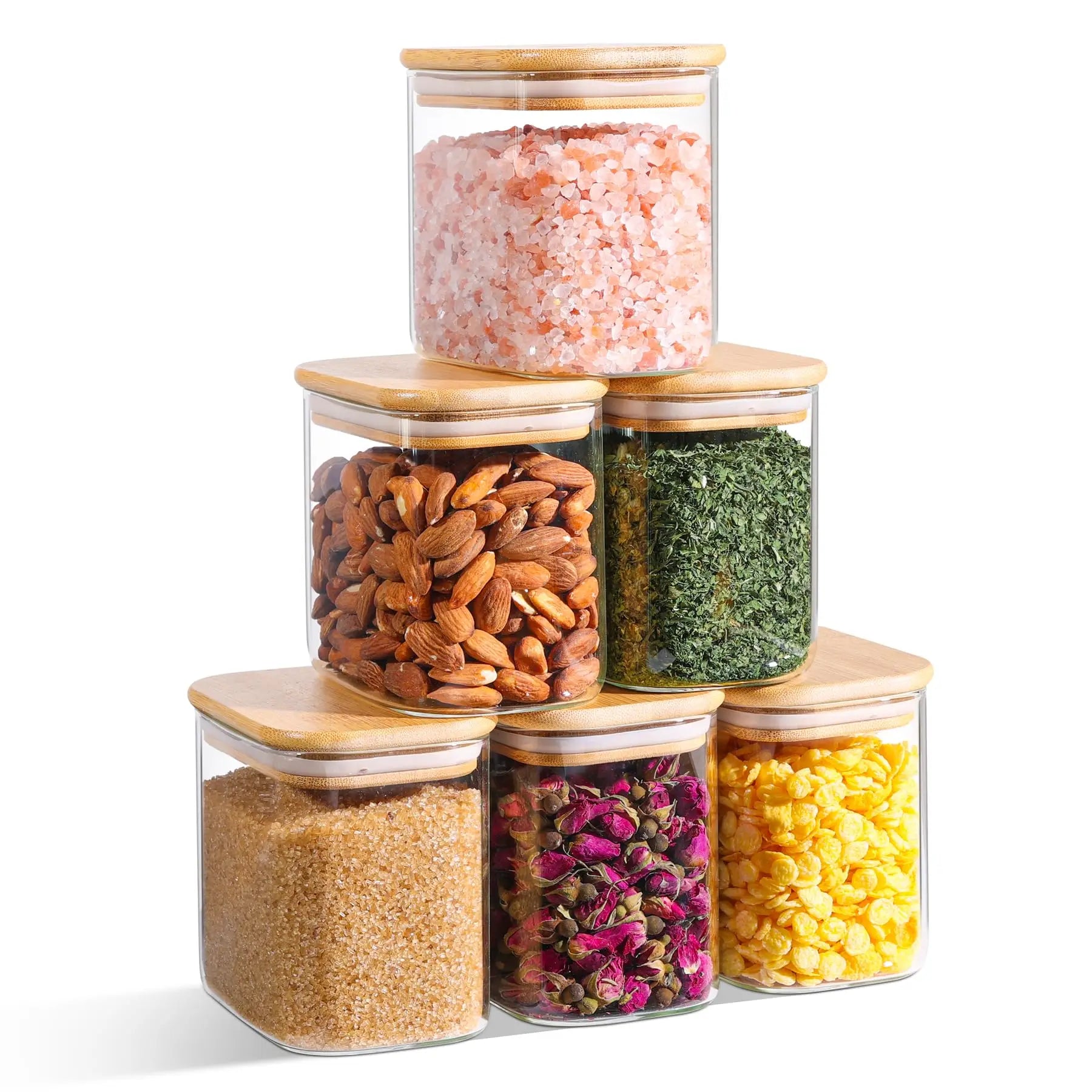 Rectangle Clear Storage Jars with Bamboo Lids Multi-Food Pantry Organizer Containers - Lovies Kitchenwares