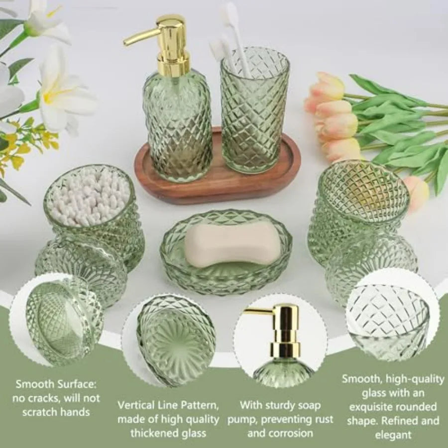 5Pcs Green Vintage Glass Bathroom Accessories Set